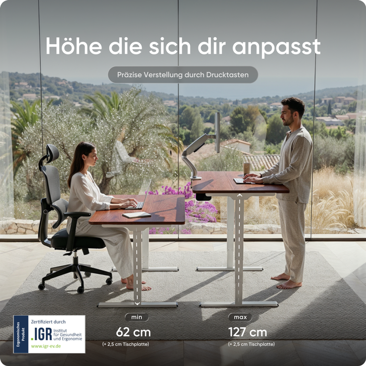 DESKSPACE PRO Plus Elektrisch höhenverstellbarer Schreibtisch, 180x80 cm Stehpult mit Memory-Funktion, Mahagoni Tischplatte, Weißes Gestell – Bild 5