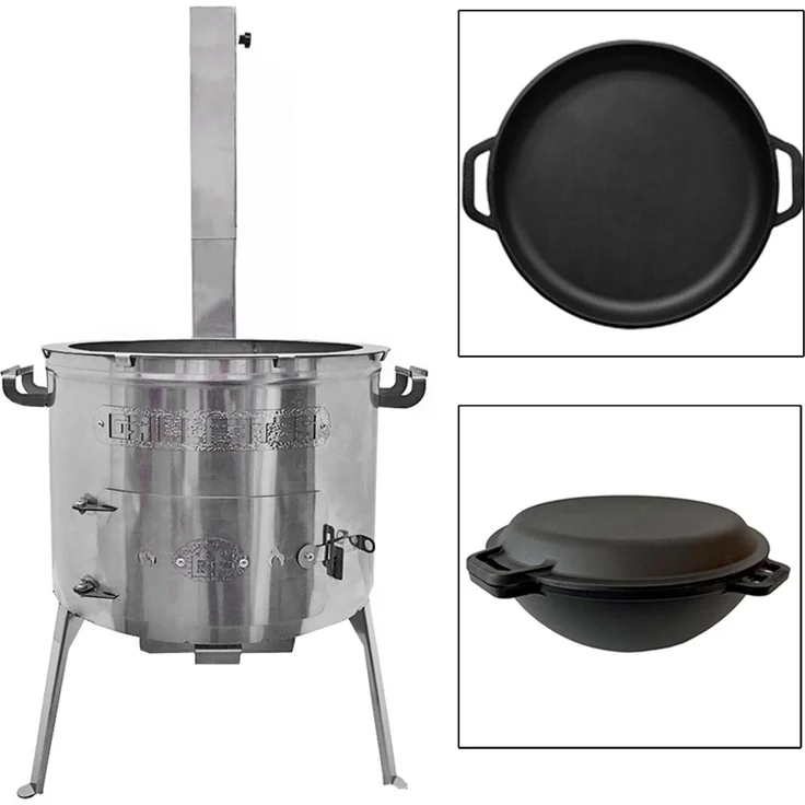 Grillpeter Utschak Set Timur Edelstahl mit Schornstein Kazan 15 Liter Gusseisen Deckel-Pfanne – Bild 1