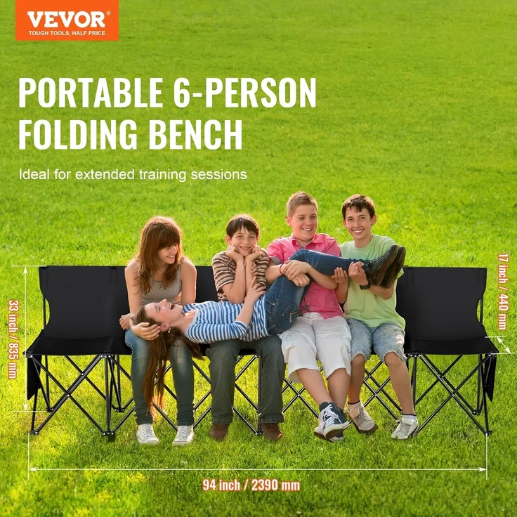 VEVOR Campingstuhl für 6 Personen, Klappstuhl mit 600D Oxford-Gewebe Sitz, Tragetasche & Rückenlehne, Faltbarer Angelstuhl, Faltstuhl für Camping, 2390 x 440 x 835 mm Sport-Nebenbank Schwarz – Bild 3