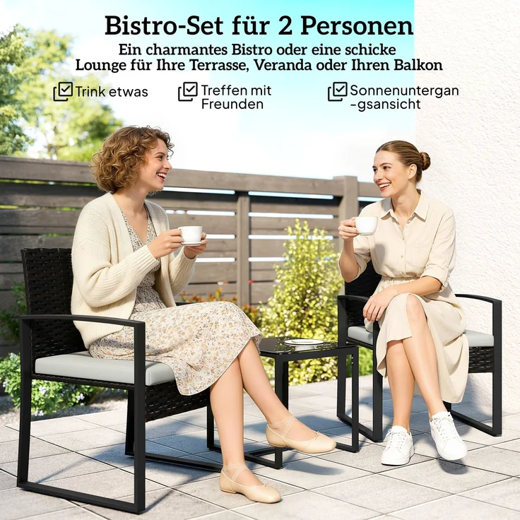 MELAYR, Rattan Bistroset, 3 teiliges Gartenmöbel-Set mit 2 Gartenstühlen, Couchtisch, 58 x 55 x 76 cm, Cremeweiß – Bild 6
