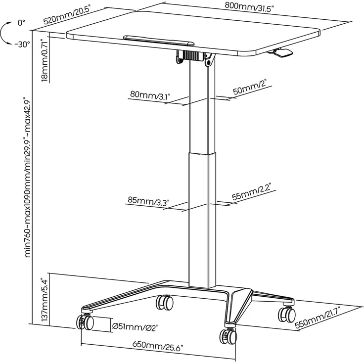 Maclean MC-453 Mobiler Laptop-Schreibtisch mit Pneumatischer Höhenverstellung Laptoptisch mit Rollen, 80x52 cm, max. 8 kg, Höhenverstellbar max. 109 cm (Weiß) – Bild 3