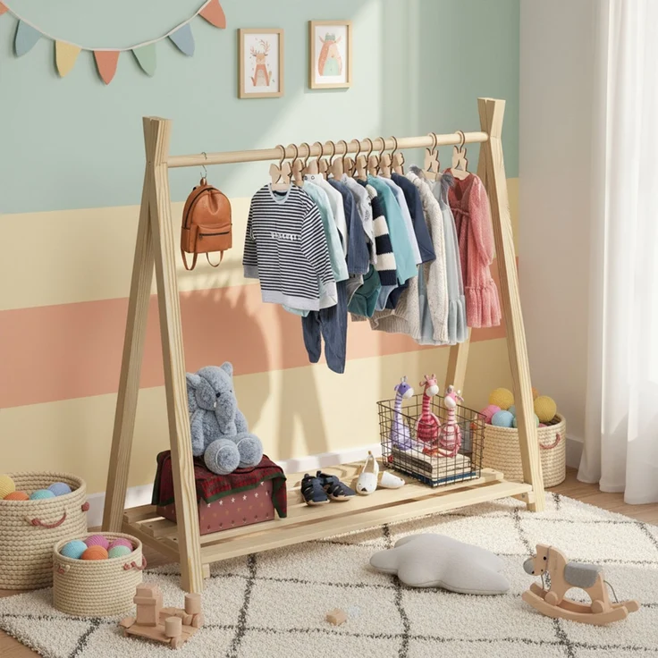 Bellabino 'Ryck' Tipi Kleiderstange, Kiefer Massivholz, natur, 112x48x115 cm, Kindergarderobe mit Schuhablagefläche – Bild 1