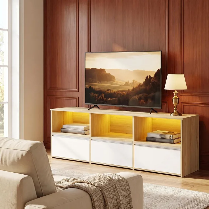 Halupeit 144 cm breiter TV-Schrank mit Doppeltür, geeignet für einen 65-Zoll-Fernseher, mit verstellbaren Einlegeböden, weiß, 144 × 40,5 × 50,5 cm