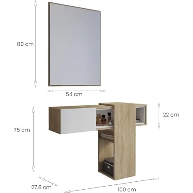 Dmora - Eingangsmöbel Baffin, Moderner Eingang, Wandgarderobe, Multifunktions-Aufbewahrungskonsole, 100x31h75 cm, Eiche und Weiß – Bild 3