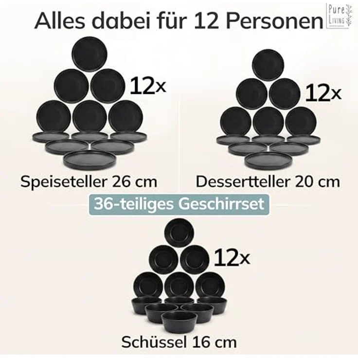 Steingut Geschirrset 12 Pers. Manhattan 36-tlg Hochwertiges Urban Style TEST SEHR GUT Steingut Geschirr Set- Schüssel- und Teller Set- Tafelservice 12 Personen Geschirrsets Pure Living in matt schwarz – Bild 6