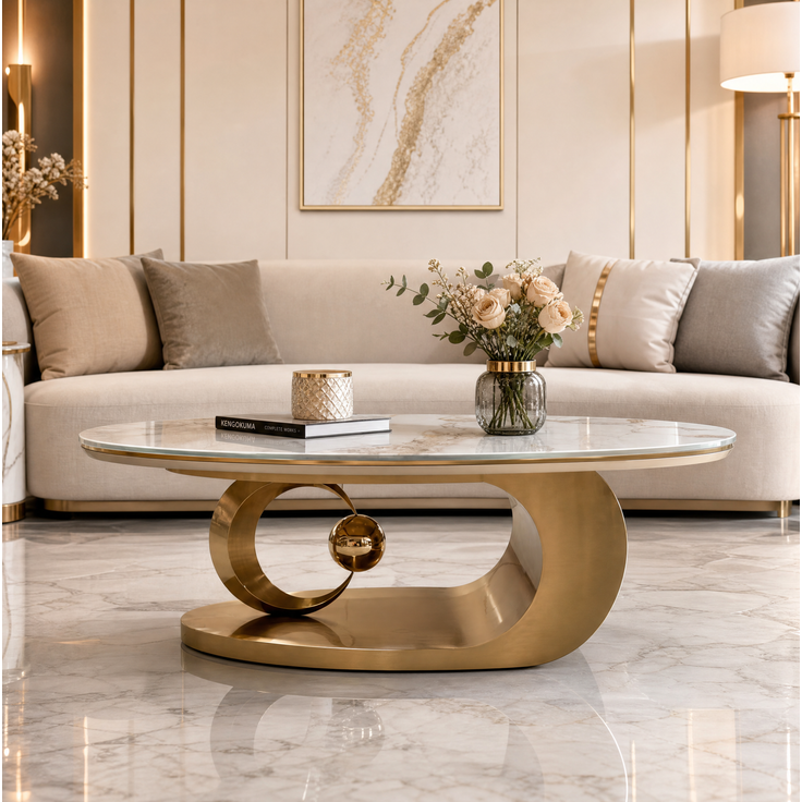 Ovaler Couchtisch mit Glasplatte in Marmoroptik, 120x67x45 cm, Gold/Weiß – Bild 4