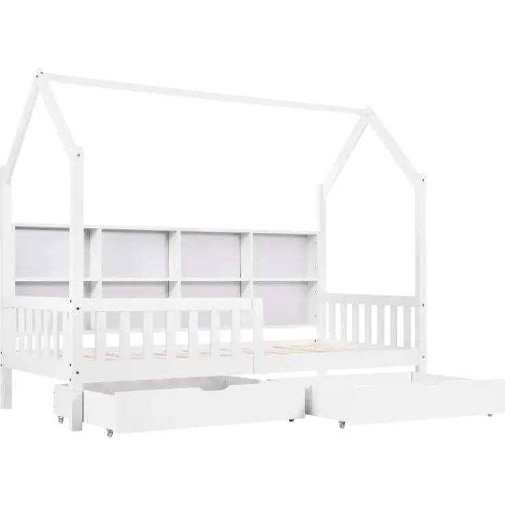 Kinderbett Hausbett mit Rausfallschutz, 2 Schubladen und Lattenrost, 90x200 cm, Einzelbett, Kiefer – Bild 6