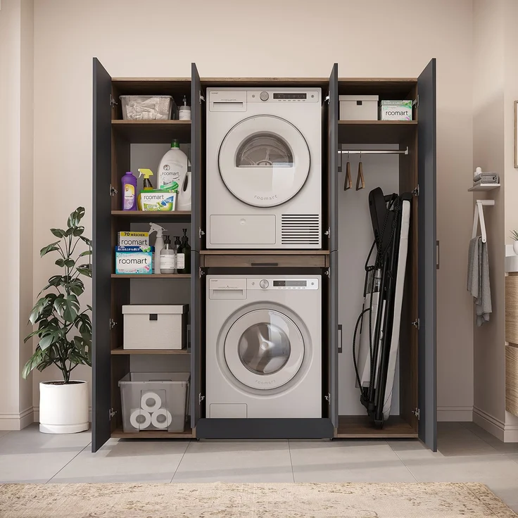Roomart Waschmaschinenschrank - DORA-I- 160 cm breit - Wasch- & Trocknerschrank mit 2 Hochschränken, Türen & Ausziehbrett, Waschmaschinen-Überbau für Waschküche & Hauswirtschaftsraum • Anthrazit-Eiche – Bild 6