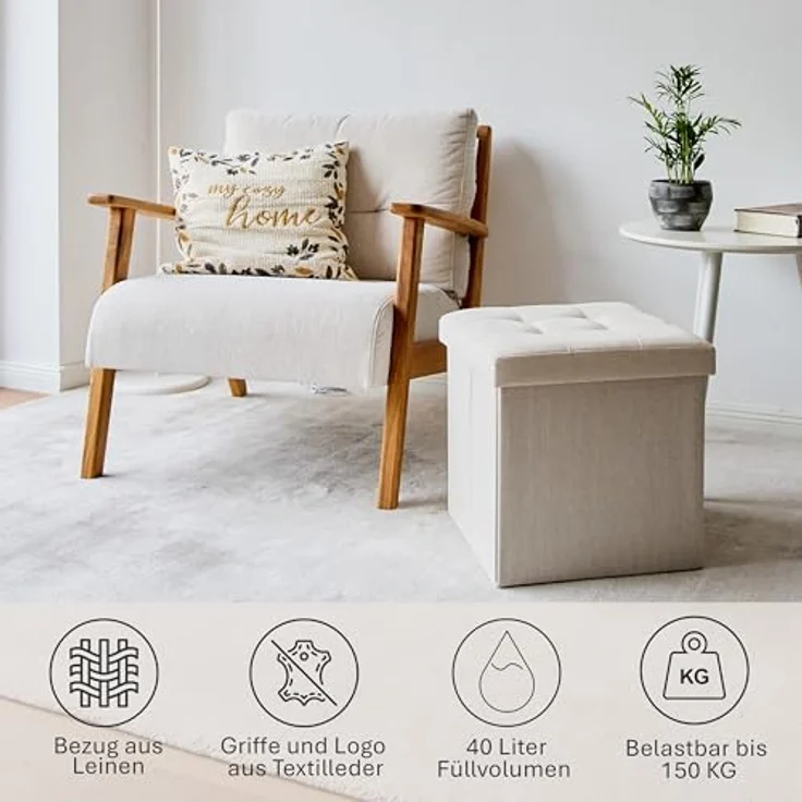 Love IT Store IT Premium Sitzhocker mit Stauraum - Hocker klappbar aus Leinen-Baumwolle - Verstärkt mit Holz - Belastbar bis 150 kg - Beige - 38 x 38 x 38 cm – Bild 5