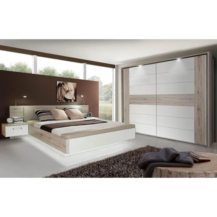 Forte RDNL181B-T30 Rondino Sandeiche Nb. / Hochglanz Weiß Bettanlage Doppelbett Bett inkl. Fussbank inkl. Nachtkonsolen ca. 180x200 cm