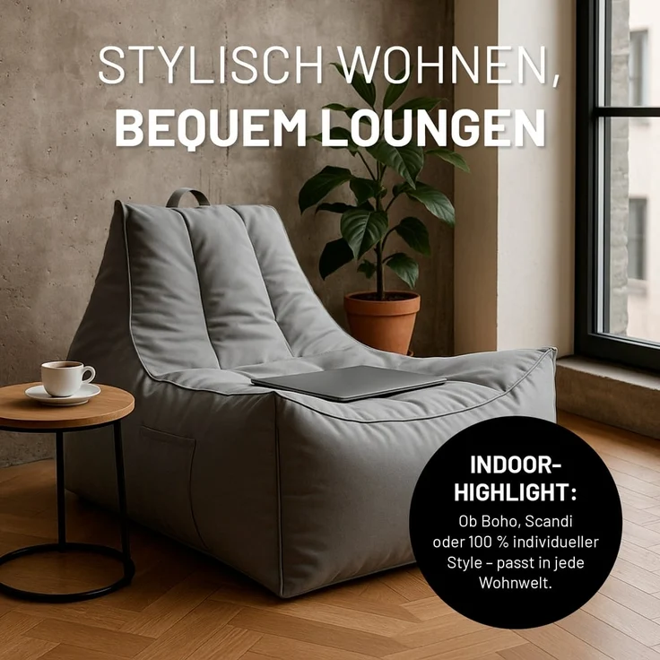 Lumaland Sitzsack Sitzsack-Lounge In-& Outdoor 380l grau, mit Flaschenhalter – Bild 6