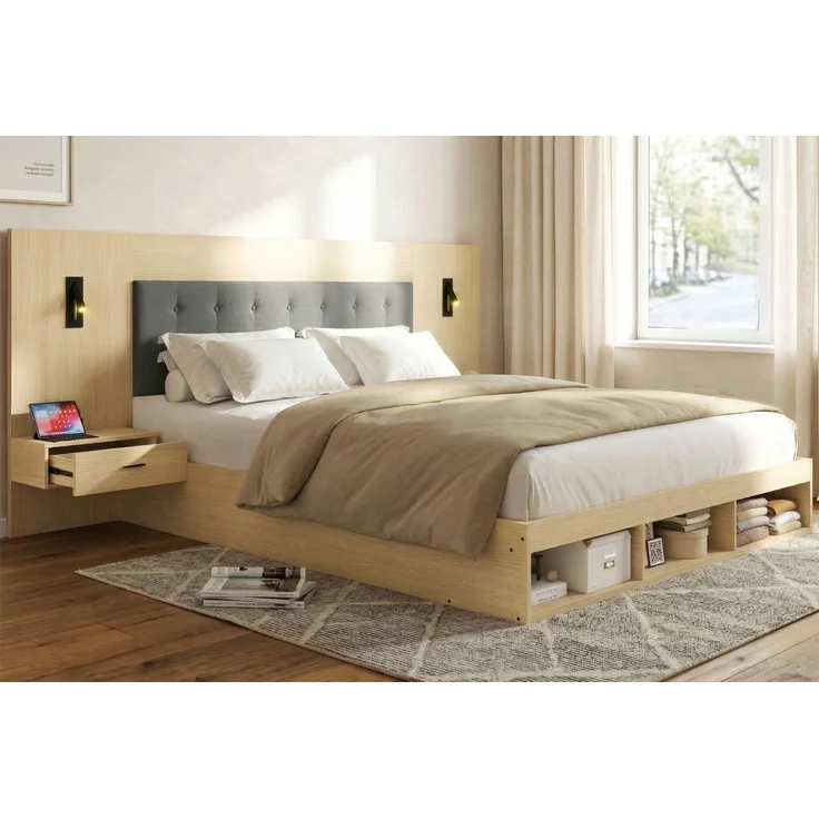 Merax Doppelbett 160*200cm, Stauraumbett, holzbett, Jugendbett, mit USB& Type-C-Ladestation und Leselampe, mit 2 Nachttische, heller Eichenfarbe – Bild 3