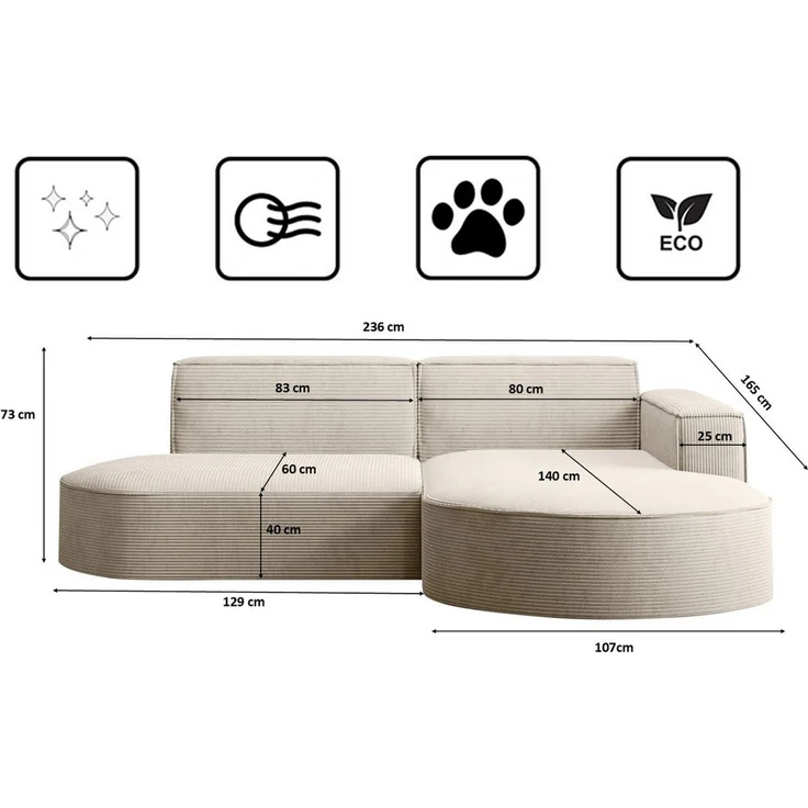 Kaiser Möbel Ecksofa Designer MODENA STUDIO L stoff Cord, Ecksofa, Cord Sofa, L-Form, Links/Rechts wählbar – Bild 2