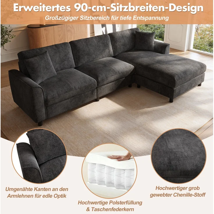 Ecksofa 256x137x79 cm in Grau mit umstellbarer Liegefläche und Chenillebezug – Bild 8
