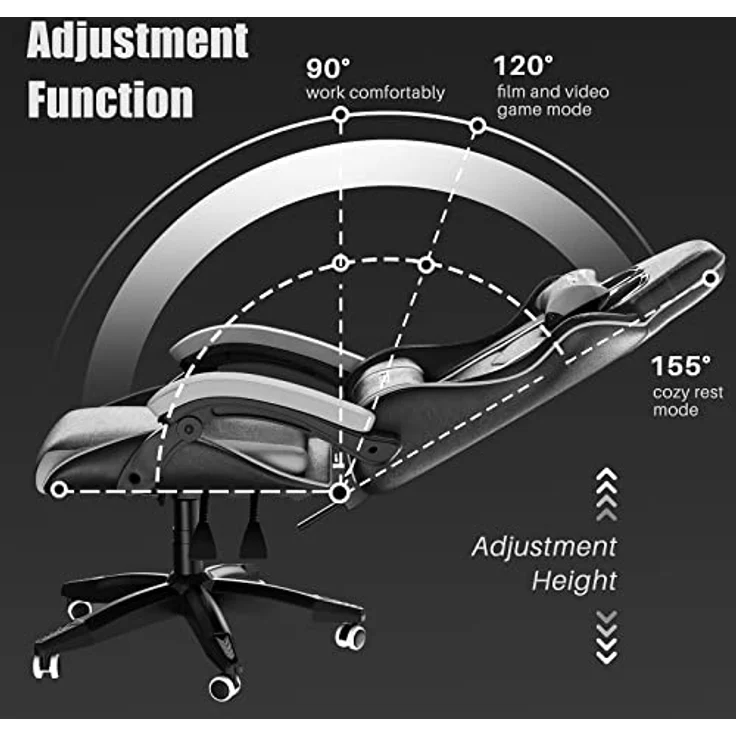 bigzzia Gaming Stuhl Ergonomisch Gaming Chair mit Lendenkissen und Kopfstütze, Gamer Stuhl Höhenverstellbar, Pc Stuhl für Erwachsene Mädchen Junge, Schwarz – Bild 9
