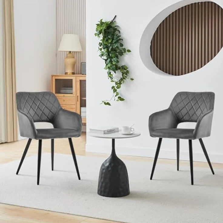 TUKAILAI Esszimmerstühle 2er Set aus Samt, Küchenstuhl Polsterstuhl mit Offener Rückenlehne,Armlehnen,Gepolstertem Sitz, Metallbeinen, Grau Stühle für Wohnzimmer,Esszimmer,Küche – Bild 3