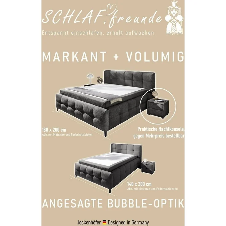 Jockenhöfer Gruppe Polsterbett LUCY, wahlweise mit Federholzleisten und 7-Zonen-TTFK-Matratze in H3, Bubble-Optik, 2 Einlegetiefen möglich, 140/180 cm x 200 cm – Bild 3