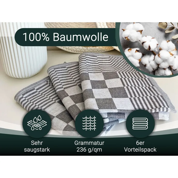 ZOLLNER 6er Set Geschirrtücher, 65x65 cm, 100% Baumwolle, grau kariert