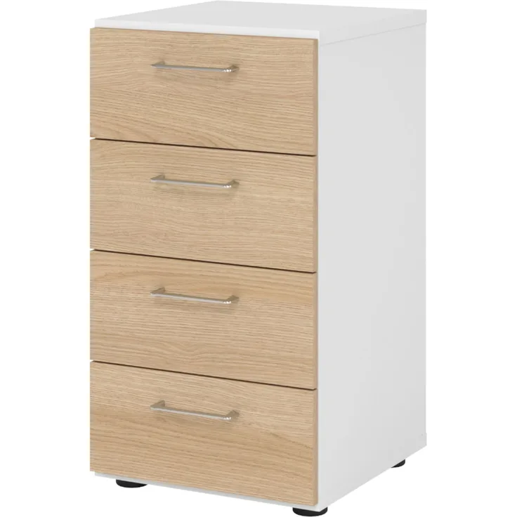 bümö smart Schubladenschrank, Büroschrank in Weiß/Eiche mit 4 Schüben - Bürocontainer aus Holz, Container mit Metallgriffen & Soft-Stop Schubladen, 924S4-W-E-BS