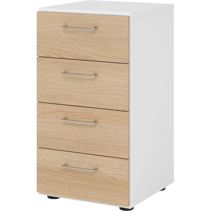 bümö smart Schubladenschrank, Büroschrank in Weiß/Eiche mit 4 Schüben - Bürocontainer aus Holz, Container mit Metallgriffen & Soft-Stop Schubladen, 924S4-W-E-BS – Bild 1