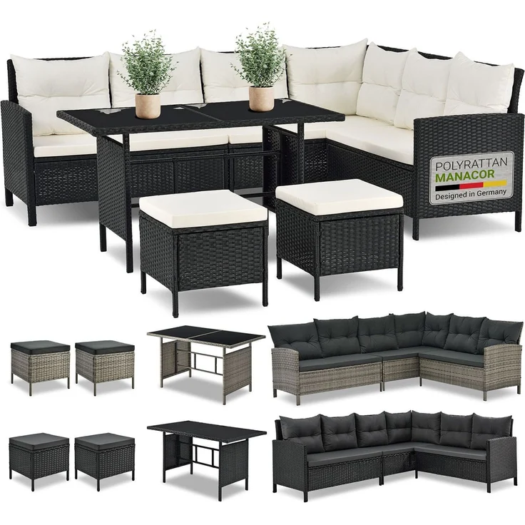 Juskys 'Manacor' Lounge mit Sofa, Tisch, 2 Hocker & Kissen, Polyrattan schwarz-creme, 7 Personen – Bild 1