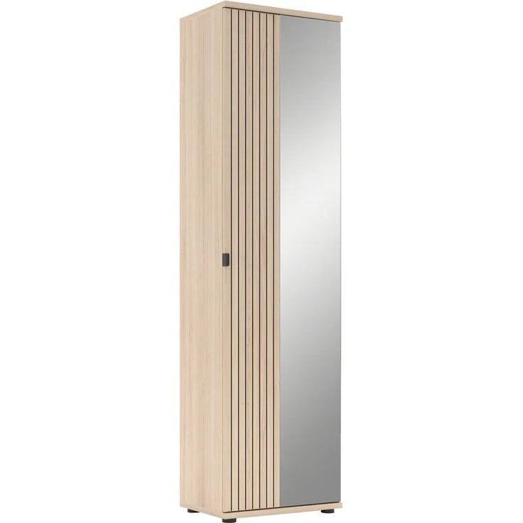 PISA Garderobenschrank mit ausziehbarer Kleiderstange in Basalt matt mit Leistenoptik Riva Eiche – FSC-Zertifiziert – Moderner Flurschrank mit 5 Fachböden – 55 x 202 x 38 cm (B/H/T) – Bild 1