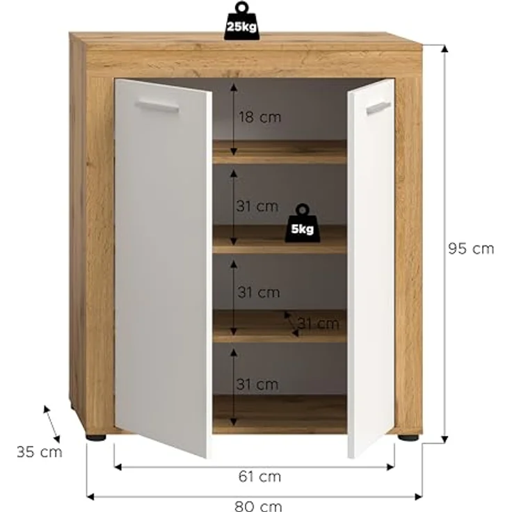 xonox. home Garderobe Jam X8BK6603 Schuhschrank Garderobenschrank Schrank in Wotan Eiche Nb, weiß. ca. 80 x 95 x 35 cm – Bild 4