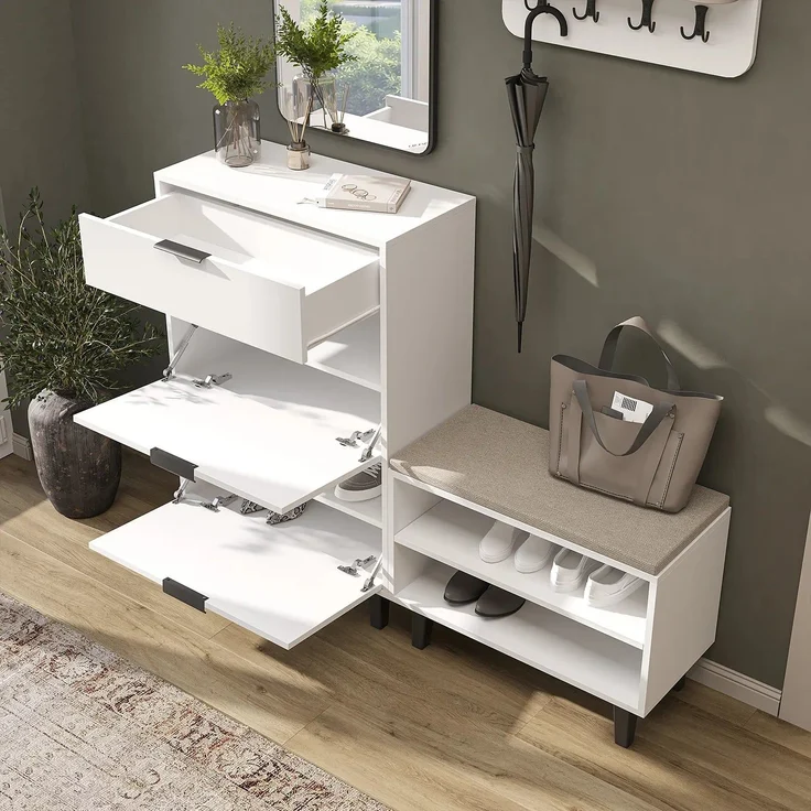 Roomart NORD Garderobenset 4-teilig – Schuhschrank, Sitzbank, Wandgarderobe & Spiegel – Flurgarderobe – H 112 x B 73.6 x T 35 cm (Schuhschrank) • Weiß – Bild 4