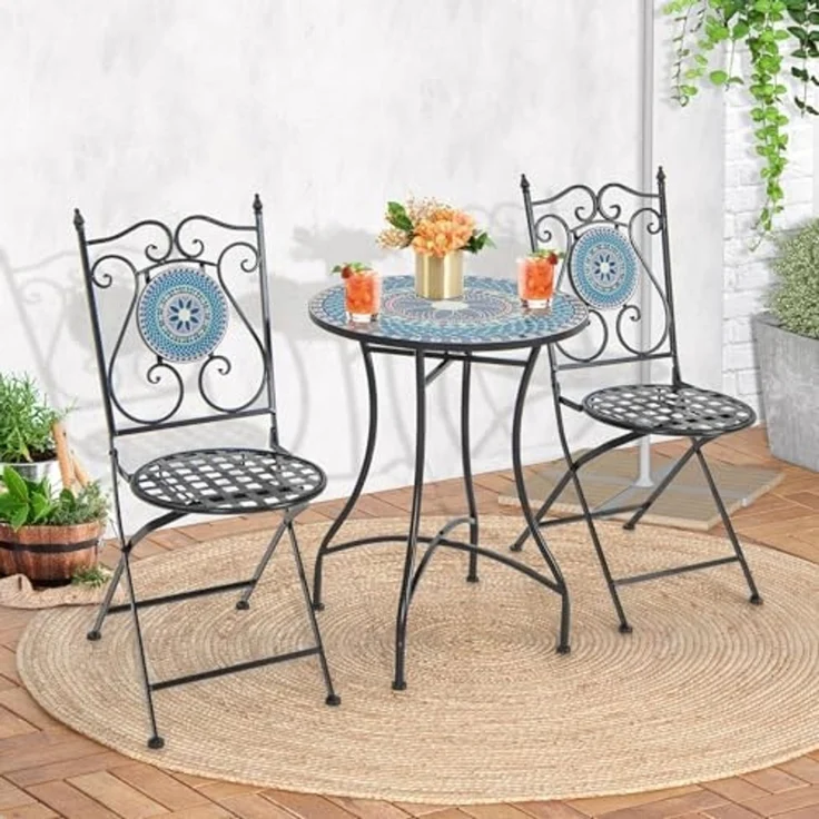 FANTASK Runder Bistrotisch, Beistelltisch mit Mosaikplatte, Sitzgarnitur bis 50kg, Balkonmöbel, Gartenmöbel, für Terrasse, Garten & Balkon (Blau) – Bild 6
