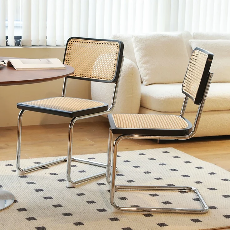 LVHOM 2er Set Freischwinger, Esszimmerstuhl mit Wiener Geflecht, Bauhaus Küchenstuhl aus Natur-Rattan, 25mm Chromgestell, stapelbarer Wohnzimmerstuhl, Schwarz – Bild 2