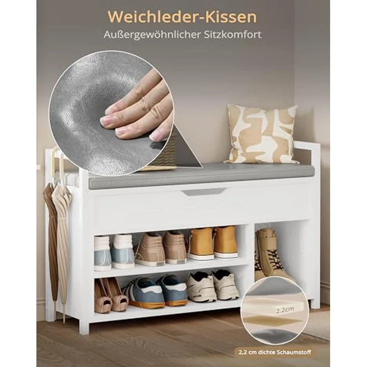IRONCK Schuhbank mit Sitzfläche, Sitzbank mit Stauraum, Schuhschrank, offene Fächer, Metall Rahmen, Kunstleder, 130kg belastbar, Schuhregal für Eingang,Flur,Wohnzimmer,Schlafzimmer (Weiß) – Bild 5
