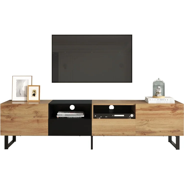 TV-Lowboard 190 cm mit Türen und Schubladen, moderner Fernsehtisch in Schwarz und Holzoptik – Bild 10
