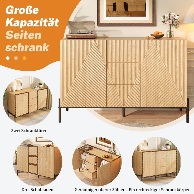Merax Sideboard mit geometrischer Struktur, Doppeltüren, Mittlere Schublade, Viel Stauraum, Multifunktionaler Aufbewahrungsschrank für Wohn-/Esszimmer – Bild 8