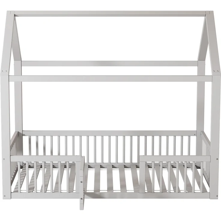 Bett 90x200 cm Hausbett aus Kiefernholz mit Türchen und Rundum-Sicherheitsgitter, ohne Matratze, Weiß – Bild 9