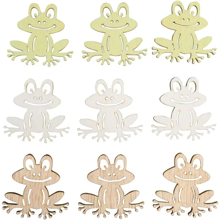 Holz Streuteile Frosch, 4x4cm, +Klebepunkt,sort, SB-Btl. 9Stück