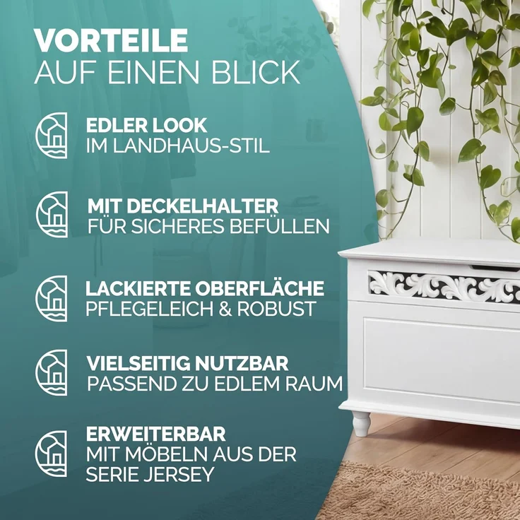 Deuba Holztruhe Jersey Mit Stauraum Klappbarer Deckel 80 x 40 x 48 cm Groß Holz Sitztruhe Truhenbank Couchtisch Truhe Weiß – Bild 10