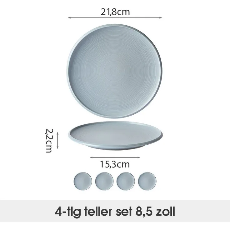 JIWOO Speiseteller 4er Ø21,8cm, Frühstücksteller Pastateller Teller Brotteller Plate, (4 St), Hochwertiges Tellerset Blau Mikrowellenofen Spülmaschine Ø 21,8cm