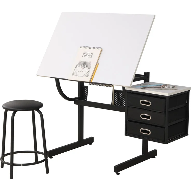 Zeichentisch mit neigbarer Arbeitsplatte & 3 Stoffschubladen, 90x60 cm, Weiß – Bild 3