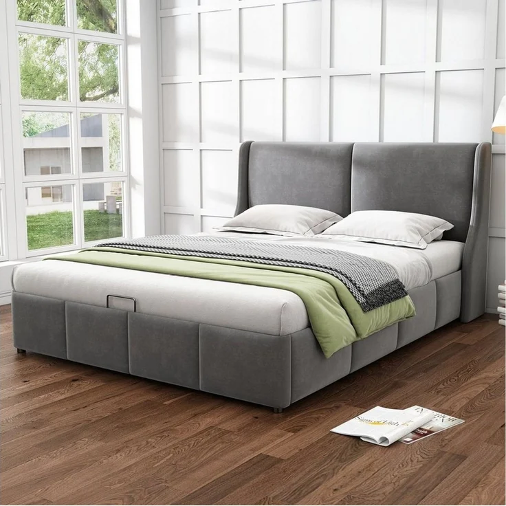 Odikalo Stauraumbett Polsterbett Doppelbett Funktionsbett Kopfteil Bett mit Bettkasten (140/160/180 Grau, Geeignet für Erwachsene und Jugendliche, aus hochwertigem Flanell) – Bild 1