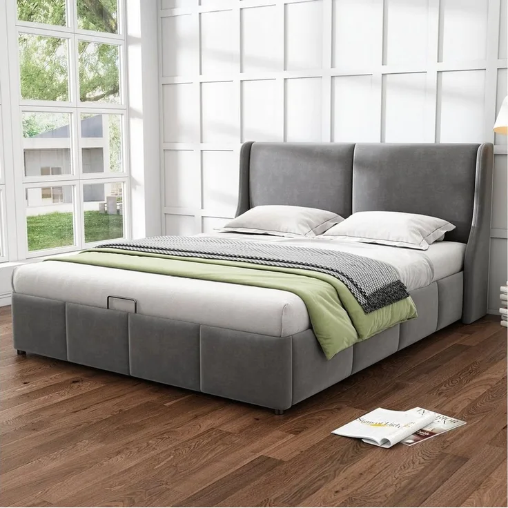 Odikalo Stauraumbett Polsterbett Doppelbett Funktionsbett Kopfteil Bett mit Bettkasten (140/160/180 Grau, Geeignet für Erwachsene und Jugendliche, aus hochwertigem Flanell)