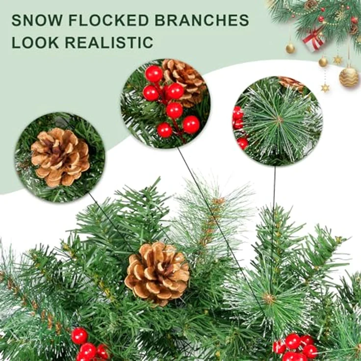 Tannengirlande Aussen Innen, Uten Künstlicher Weihnachtsgirlande 180cm Tannenzapfen und rote Beeren Weihnachtsdeko für Haustür, Treppe, Kamin – Bild 2