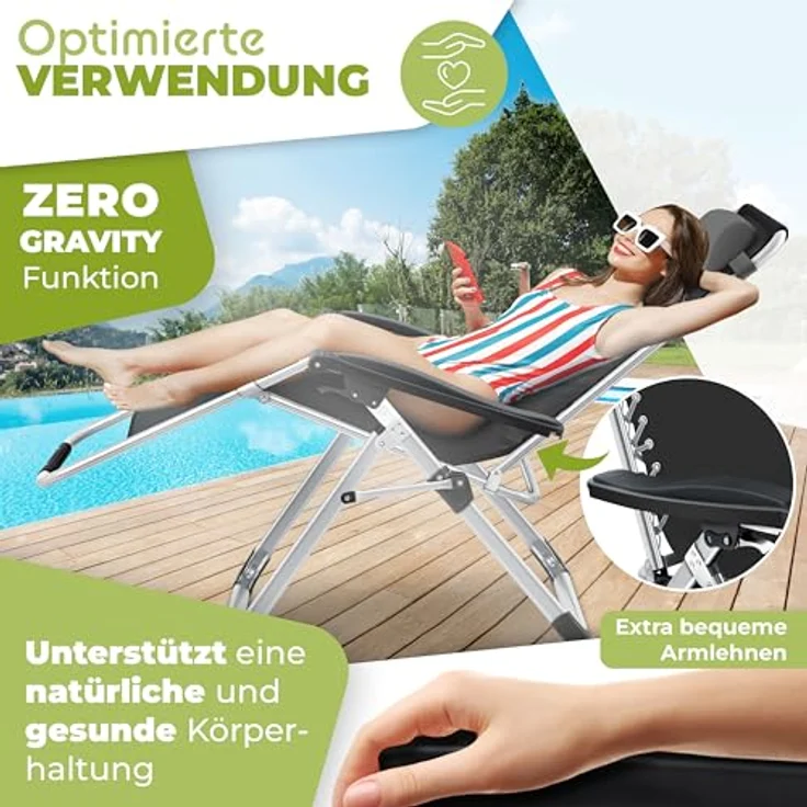 KESSER® Sonnenliege Liegestuhl Klappbar & Wetterfest, Gartenstuhl Belastbar 200kg Ergonomisches Polster Extra Breit Verstellbare Rückenlehne Gartenliege inkl. Nackenkissen & Getränkehalter, Anthrazit – Bild 5