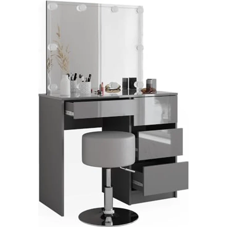 Vicco Schminktisch Sherry, Grau, mit LED-Spiegel, 4 Schubladen, 90x75x40 cm, Holzwerkstoff – Bild 7