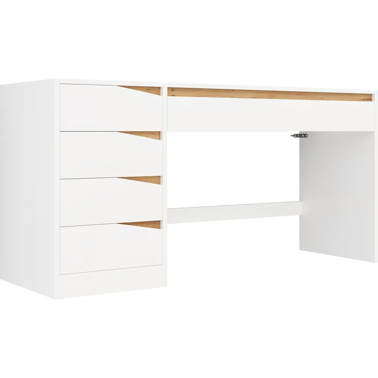 ZUBALIYA Schreibtisch 140x50 cm mit 5 Schubladen, Weiß/Eiche-Optik, Moderner Computertisch mit extra großer Arbeitsfläche, Schminktisch mit Stauraum, Bürotisch für Homeoffice, Schlafzimmer und Arbeitszimmer – Bild 8