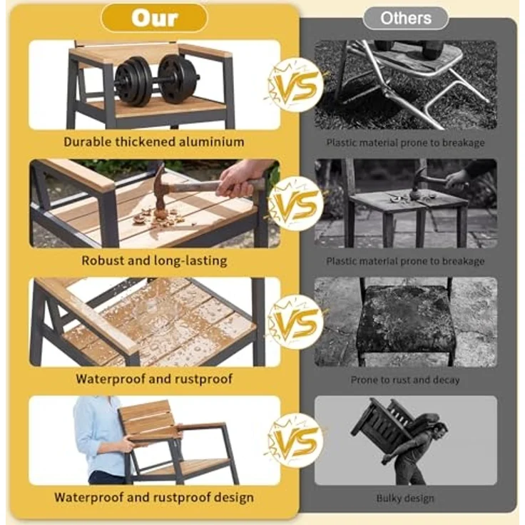 JUMMICO Gartenstuhl Klappbar mit Holzoptik, Breitere Rückenlehne & Voll-Aluminium Gestell, Komfortabler und Stapelbarer Stuhl für Terrasse und Garten – Bild 4