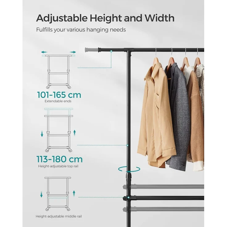 SONGMICS Kleiderständer mit 2 Kleiderstangen, ausziehbare Garderobenstange, mit Rollen, Garderobenständer, höhenverstellbar zwischen 113 und 180 cm, untere Stange verstellbar, schwarz LLR401B01 – Bild 5
