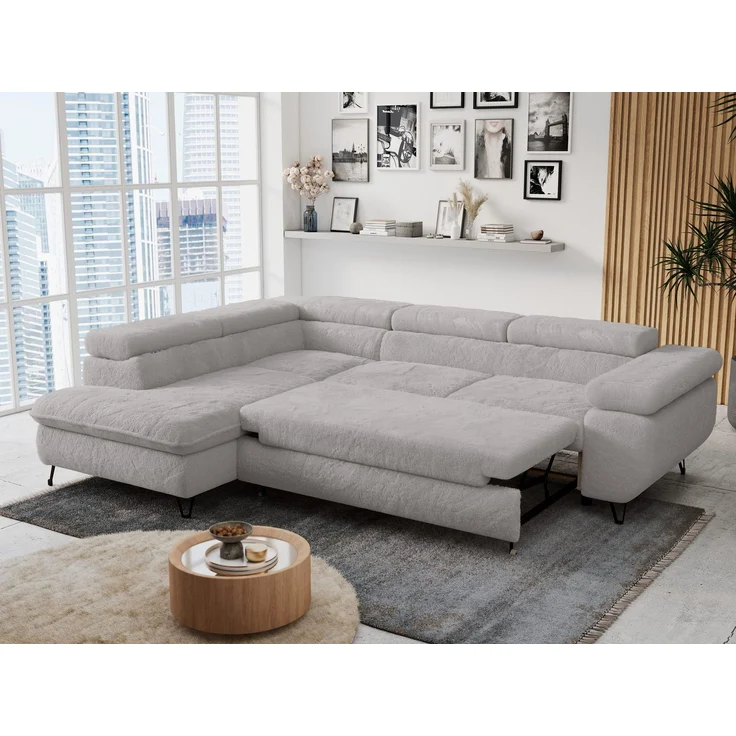 Ecksofa mit Bettfunktion, Modern Sofa, L-form, Einstellbare Kopfstützen, Bettkasten - PETER - Hellgrau Plüsch - links – Bild 5