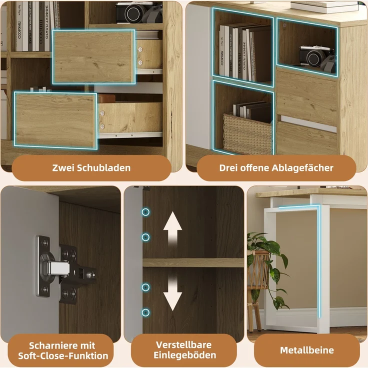 Schreibtisch in L-Form 152x113,5x76 cm, MDF und Metall, mit Stauraum – Bild 8