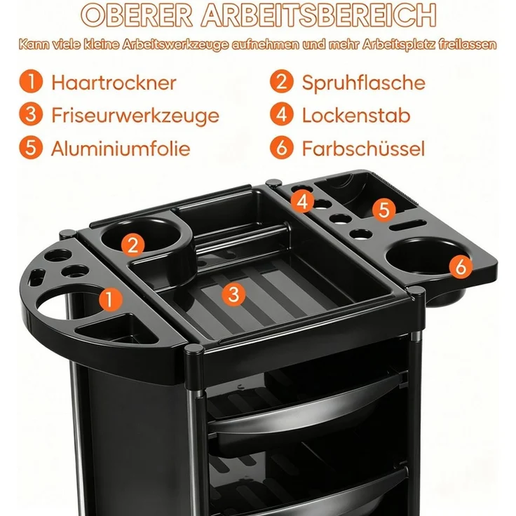 Rutaqian Beistellwagen Friseurwagen mit Rollen 6 Ebenen Kosmetikwagen 300kg Schwarz 360°, 6 Ebenen, 300kg Tragkraft, 360° Rollen, stabil, schwarz – Bild 4