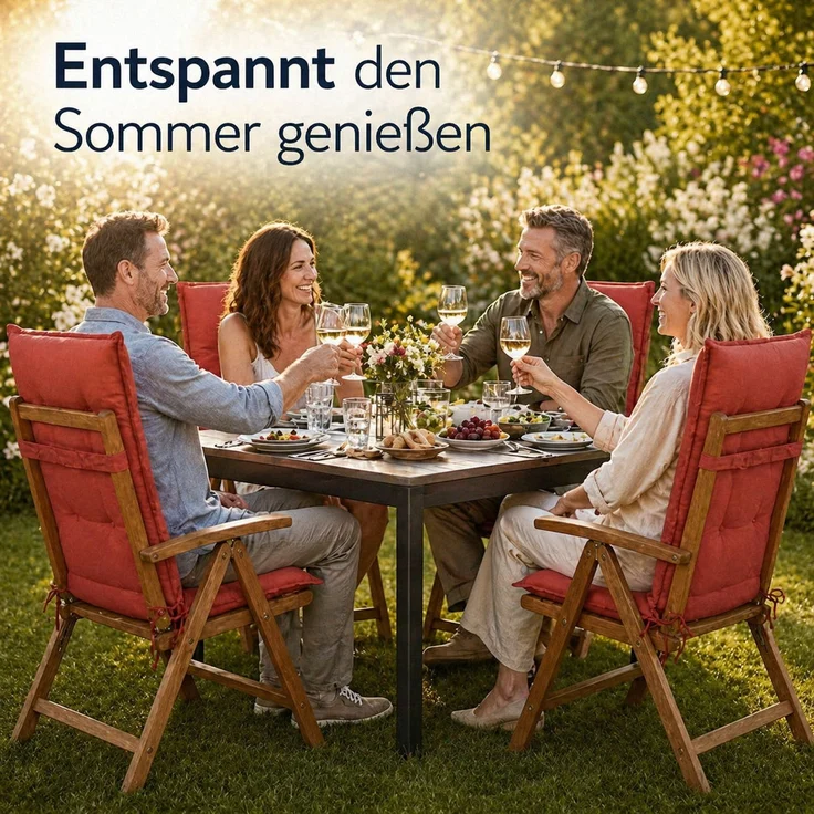 BURI 6x Hochlehner Auflage 117x49x6 cm - wetterfeste Gartenstuhlauflage mit Schaumkern & Vollvlies, Halteband & Bindebänder, bequemes Stuhlpolster für Balkon, Terrasse & Garten (Rot) – Bild 8